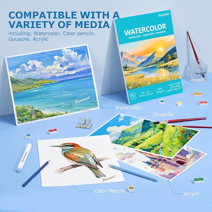 Pacocoast Watercolor Paper, 9"X12" Cold Press Water Color Paper Pad, (300gsm/140lb) Artist Sketchbook for Acrylic, Gouache & Pencil. Painting Drawing Paper Book, Art Supplies for Adults, Teal