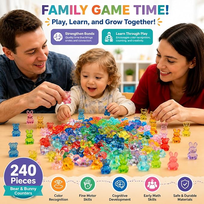 Counting Bears and Bunnies,240 Pieces Counter Toys for Kids - Fun Educational Math Manipulatives with Storage Box for Counting & Learning