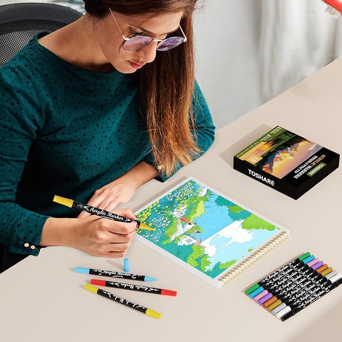 12 Colors Precision Dual Tip Acrylic Paint Markers Pens - Brush & Fine