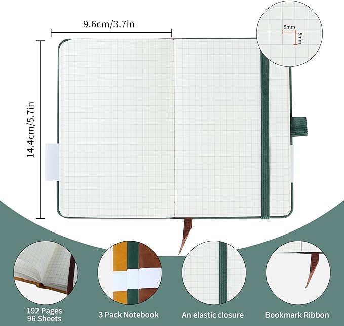 HOMEMARS Small Notebook, Pocket Notebook, 3 Pack, Notebook A6, Squared,3.7" x 5.7"Leather, Brown, Green, Yellow,192 Pages Each, Hardcover, Mini Journal Notepad, Embossing Tree Design