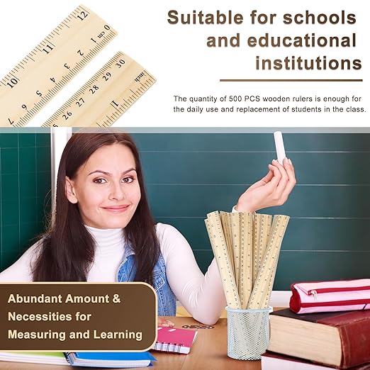 Zonon 100 Pcs Wooden Ruler Bulk Wood Measuring Ruler Office 2 Scale for School Education Families Kids Students (12 Inch)