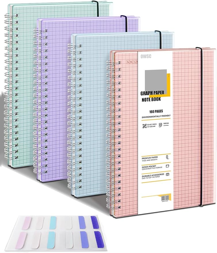 OWSC 4 Pack Graph Notebook, 5.9 x 8.3 Inches Spiral Notebooks for Work, School and Journal with 110 GSM Graph Paper, Small Notebook with 80 Sheets/160 Pages, Hardcover Grid Paper Notebook
