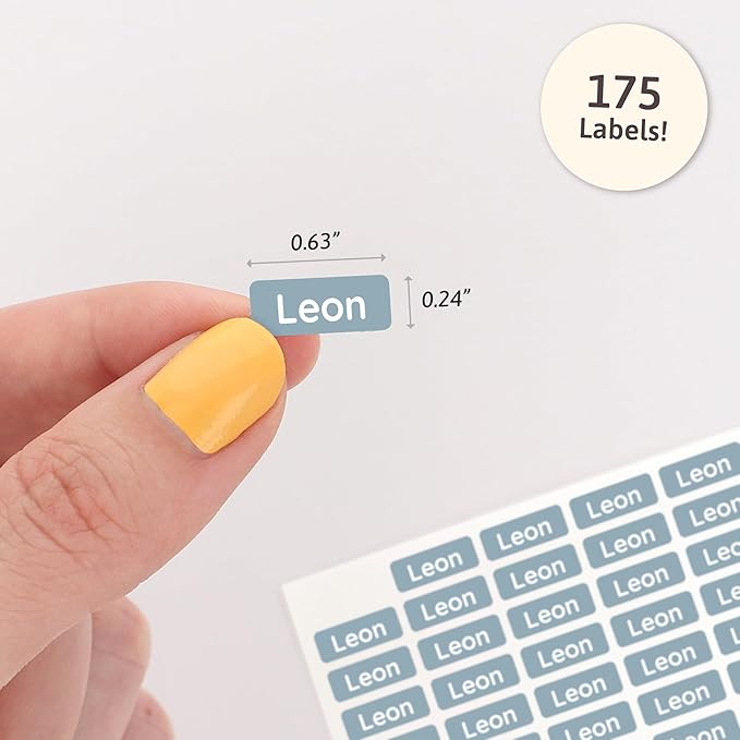 Mini Name Labels (175) - Custom Personalized Name Labels for Labeling Tiny Items, Washer and Dryer-Safe Waterproof Labels for Daycare, Preschool, and School - Grey-Blue