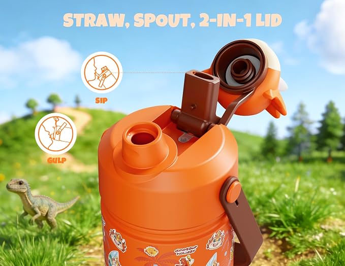 POWCAN 18 oz Kids Water Bottle Insulated: 2-in-1 Straw Spout Lid with Soft Animal Head, BPA-Free, Leakproof, Keep Cold 24H, Backpack Friendly, Stainless Steel Cup for School, Trip, Gift (Sunny Trike)