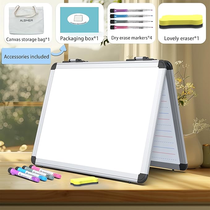Dry Erase Board, 17x13 inch with 4 Sides Magnetic Whiteboard, A3 Foldable Small White Board with Lines, Perfect for Office, School, and Home. (Silver)