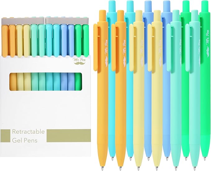 Mr. Pen- Retractable Gel Pens, 12 Pack, Black Ink, Fresh Color Barrels, Fine Point 0.5mm, Fast Dry, Smooth Writing, Cute Pens for Drawing, Writing Planner and School Supplies