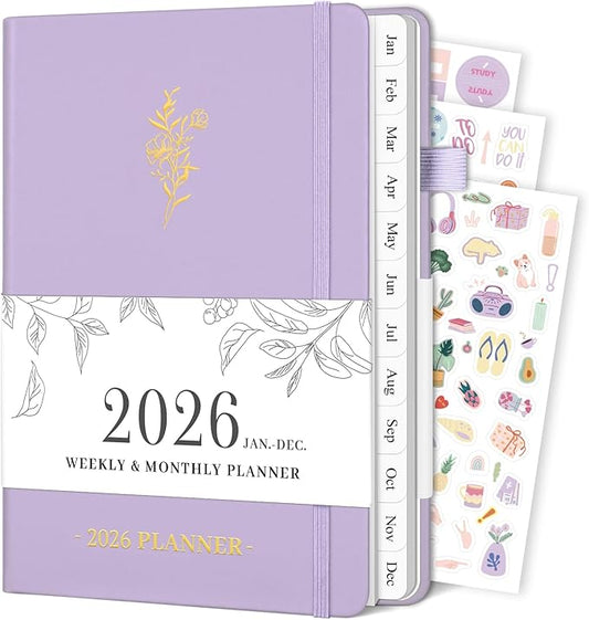 Planner 2026, Weekly and Monthly Planner with Tabs from Jan 2026 - Dec 2026, A5 Hardcover Academic Calendar with Date for School & Office Schedule, 5.8" x 8.3", Purple