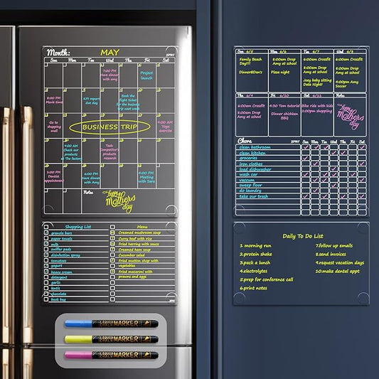 JJPRO Non-Magnetic Dry Erase Calendar - Monthly & Weekly Chart, List & Blank Board for Smooth Surfaces. Clear Reusable Calendar Sticks to Fridge, Cabinet, Door & Glass