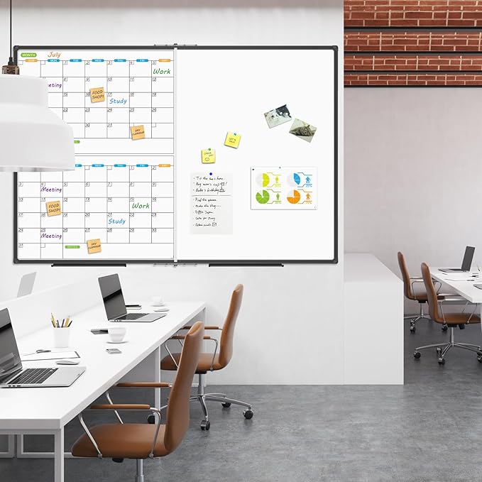 JILoffice Magnetic Foldable Dry Erase Calendar Whiteboard Combo, 2 Month Calendar Board & White Board 60 X 40 Inch, Black Aluminum Frame Wall Mounted Board for Office Home and School