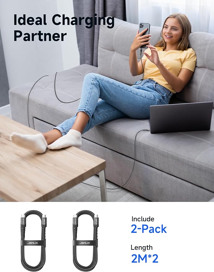 JSAUX 100W USB C to USB C Cable for iPhone 17, USBC Type C Charge Cord 5A Fast Charging Compatible with iPhone 17 Air 16 15 Pro Max Samsung Galaxy S25 S24 MacBook iPad Carplay (2-Pack, 6.6ft) Black