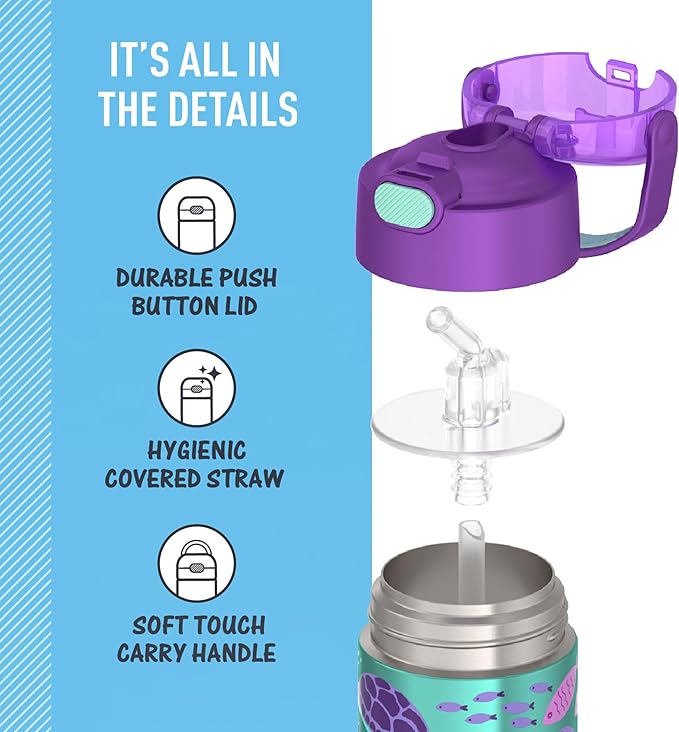 THERMOS FUNTAINER Water Bottle with Straw - 12 Ounce - Kids Stainless Steel Vacuum Insulated Water Bottle with Lid, Ocean Pals