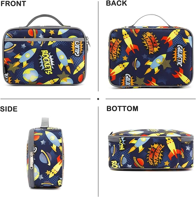 FlowFly Kids Lunch box Insulated Soft Bag Mini Cooler Back to School Thermal Meal Tote Kit for Girls, Boys, Outer Space Rocket Ships in Dark Navy Blue