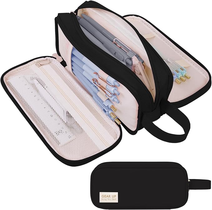 SKYDUE Large Capacity Pencil Case with Handle, 3 Compartment Canvas Pencil Pouch, Cute Soft Color Pencil Bag for Pens, Markers, Aesthetic Stationery and Organizer for Teen Girls Adult, Black