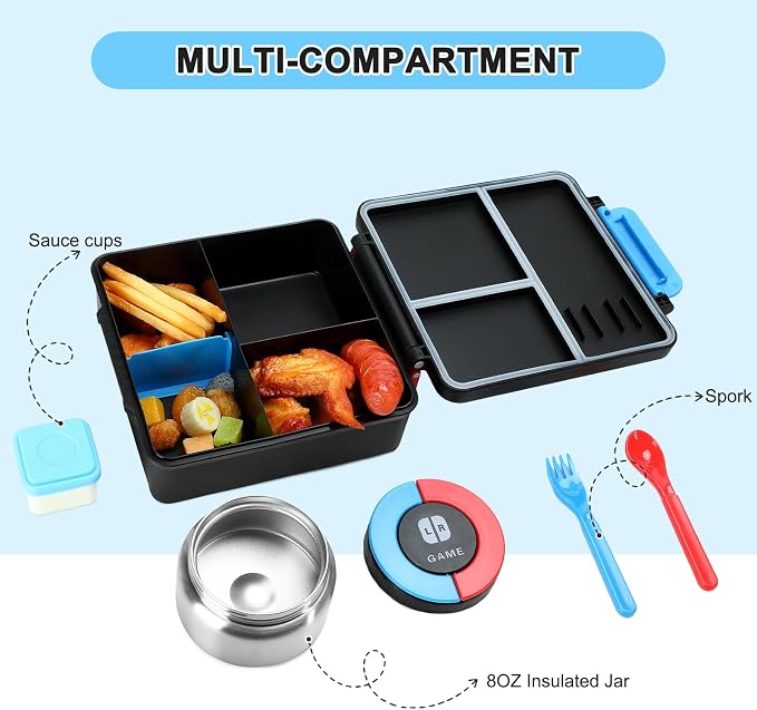Gamer Bento Lunch Box for Kids, 60 OZ Kids Lunch Box with 8 OZ Leakproof Stainless Steel Insulated Food Jar, 3-4 Compartments Bento Box for School, Includes Sauce Cup & Divider (Red-Blue-PLAYAGAIN)