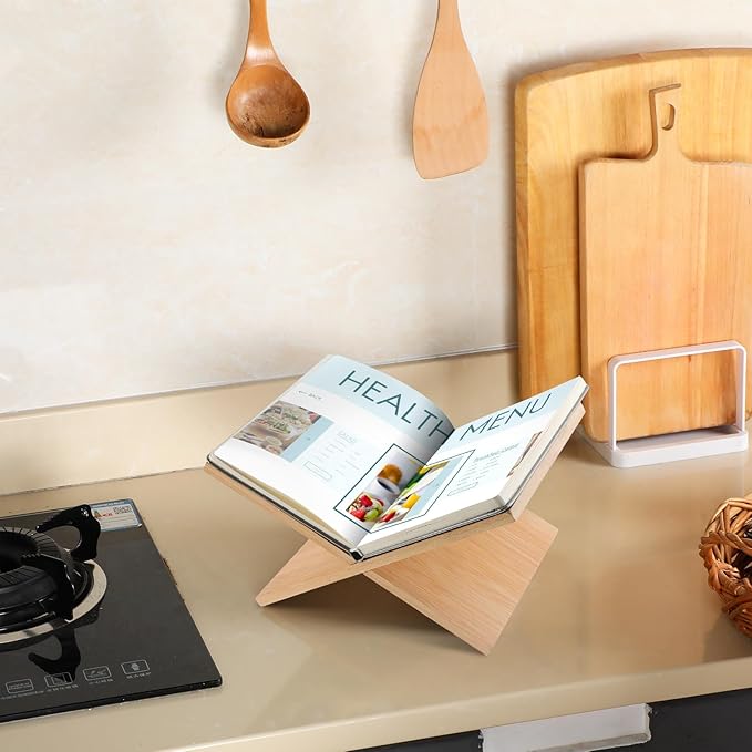 Geetery Book Stand Book Holder for Display Reading Textbook Holder Open Display Stand for Open and Closed, Cookbook, Magazines, Textbooks, Recipe(Wood Color)