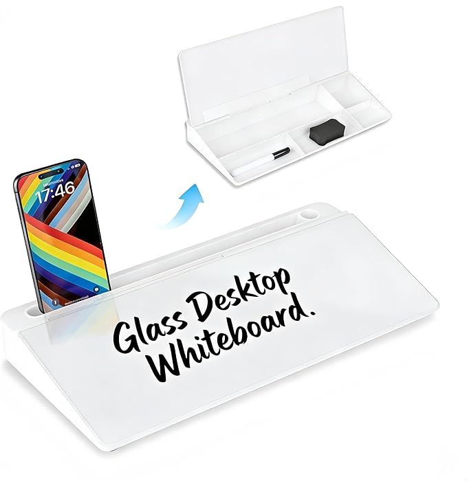 Glass Desktop Whiteboard with Storage15.8×7”, Desk Dry Erase Note Board, Compact Desk Organizer for to-Do List Home Office School & Gift, White