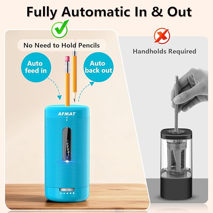 AFMAT Electric Pencil Sharpener, Fully Automatic Pencil Sharpener, Auto in & Out, Rechargeable Hands-Free Sharpeners for Jumbo & Colored Pencils (6.5-12mm), Portable for Home/Classroom/Office PSC2