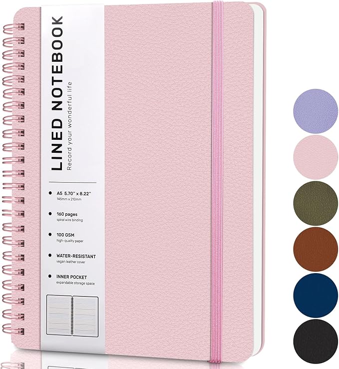 ABERLLS Lined Spiral Journal Notebook with 160 Pages, 8×5.7in, A5 Spiral Notebook, Journaling Notebooks for Work, School, Women, Men, College Ruled Spiral Notebook, Hardcover Leather Journals, Pink