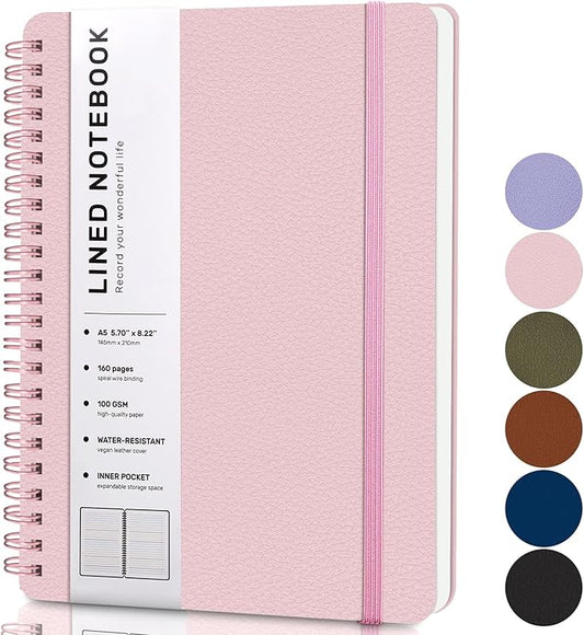 ABERLLS Lined Spiral Journal Notebook with 160 Pages, 8×5.7in, A5 Spiral Notebook, Journaling Notebooks for Work, School, Women, Men, College Ruled Spiral Notebook, Hardcover Leather Journals, Pink