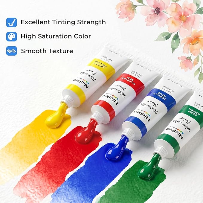 Nicpro Watercolor Paint Set for Adults, 36 Colors Watercolor Tube Set (12ml, 0.4oz), High Pigment Travel Water Color Painting Supplies for Artists Beginners, Color Wheel & Swatch Cards Included