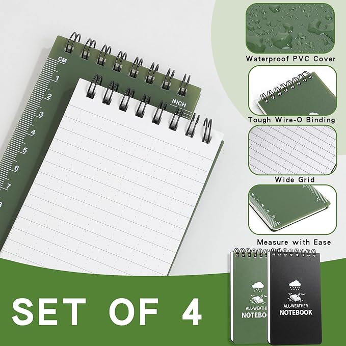 Waterproof Notebook, 4 Pack Pocket Notepad, 3" x 5" Top-Spiral Weatherproof NotePad, All Weather Police Pocket Notebook Mini Memo Steno Note Pads for Outdoor Office School Recording, Multicolor