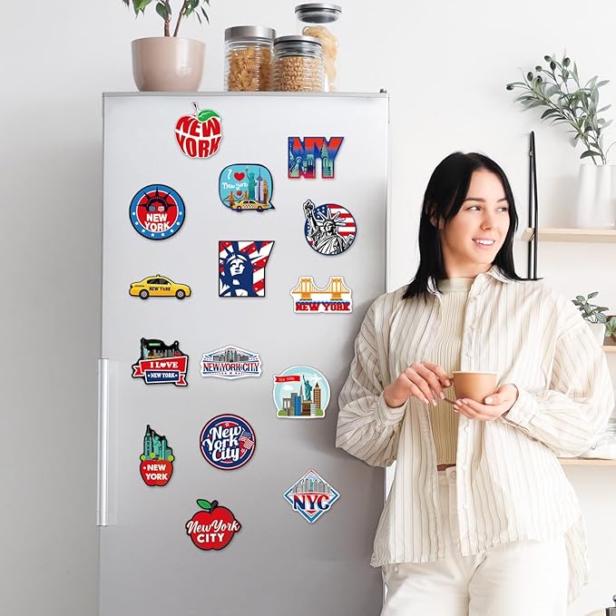 Wxiben New York Refrigerator Magnet - 16Pcs New York Souvenirs Gift NYC Fridge Magnets City Travel USA Flag Fridge Magnetic Stickers for Home Office Kitchen Locker Car Traveler Tourist Gifts