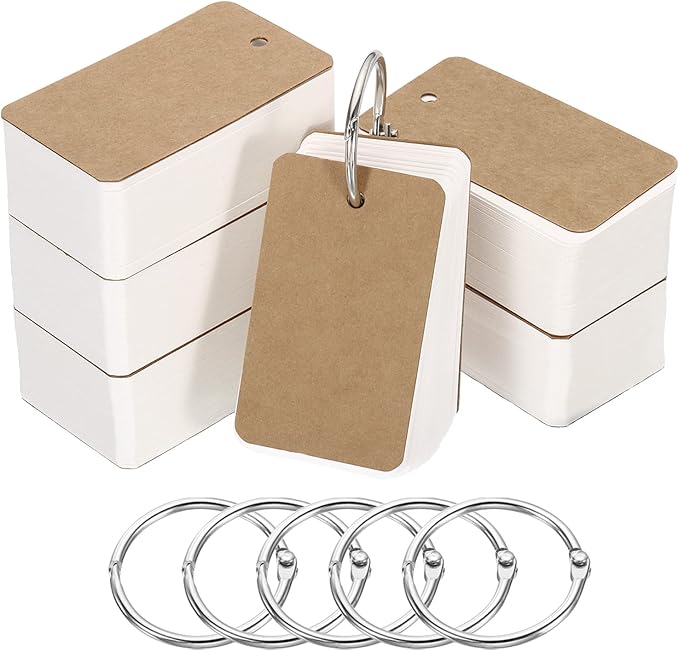 PATIKIL Blank Index Cards with Ring, 600Pcs Blank Flash Card 2.8x1.6" Study Note Cardstock for Memory Learning Studying Office Supplies, Brown White