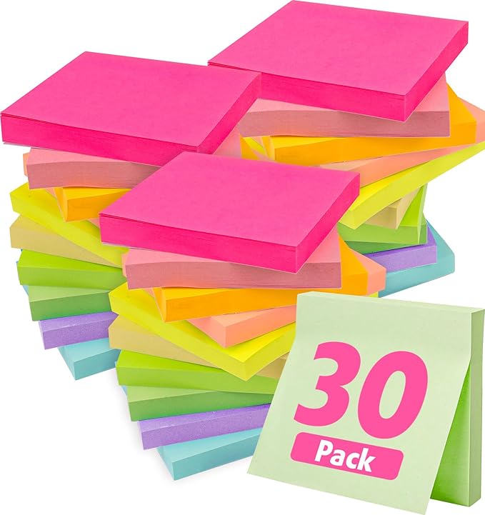 30 Pads Sticky Notes 3x3, Self-Stick Pads Bulk Bright Colors, School Supplies, Office Products, 50 Sheet/Pad