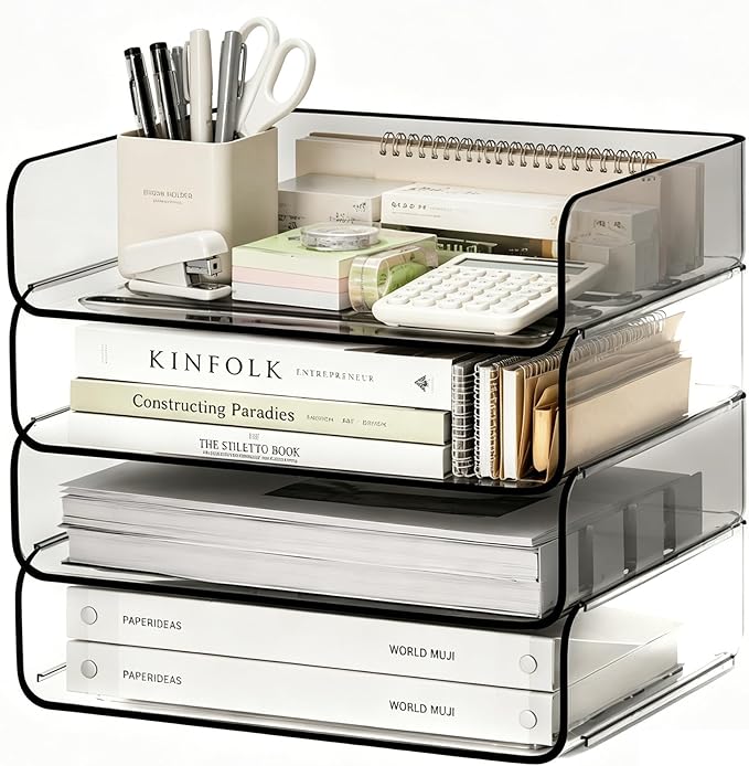 FANXIYQ 4-Tier Horizontal Acrylic Paper Tray Organizer | Clear Stackable Desk Organizer for Documents, Letters, A4 Paper | Modern Office/Classroom/Home Organization,Clear&Brown
