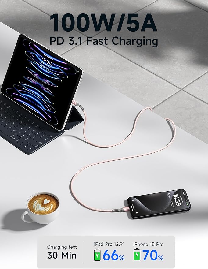 JSAUX 100W USB C to USB C Cable for iPhone 17, USBC Type C Charge Cord 5A Fast Charging Compatible with iPhone 17 Air 16 15 Pro Max Samsung Galaxy S25 S24 MacBook iPad Pro Carplay (2-Pack, 6.6ft) Pink