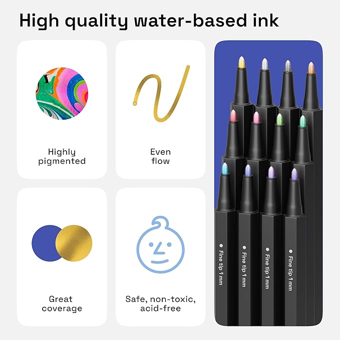 ARTISTRO 12 Metallic Paint Pens for Glass Marking, Rock Painting, Ceramic, Wood, Fabric, Scrapbooking, DIY Craft Making, Coloring - Acrylic Paint Markers Fine Tip 1mm