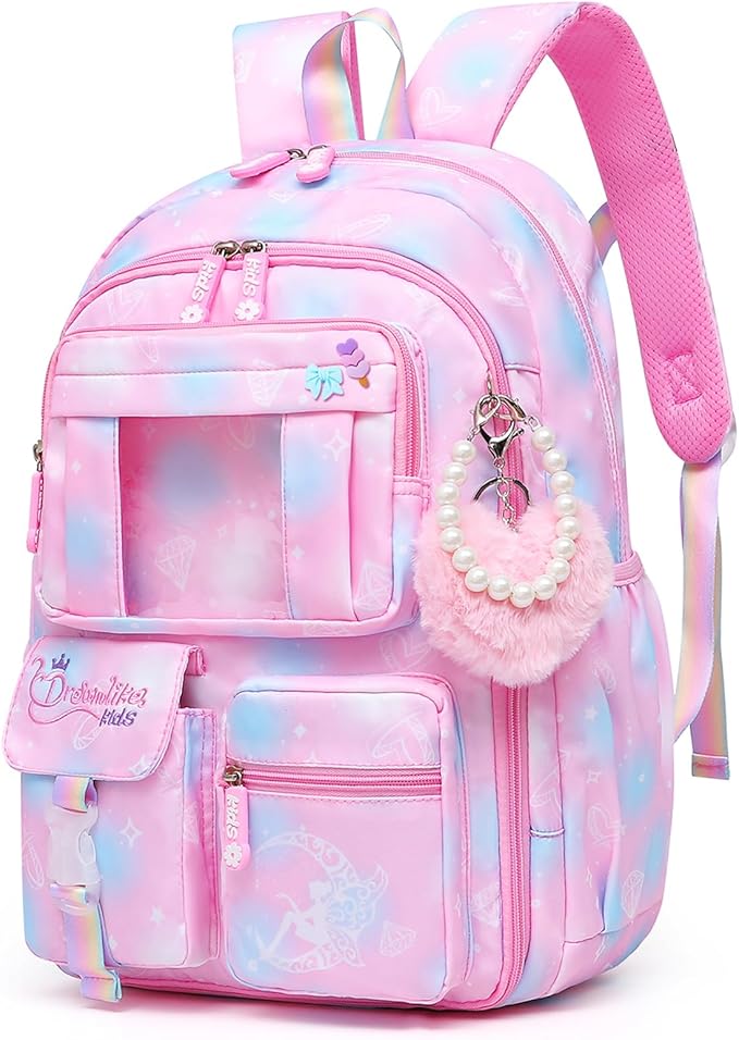 Alrisg Girls Backpack for Kids Elementary Middle School Cute Student Bookbag School Bag Pink