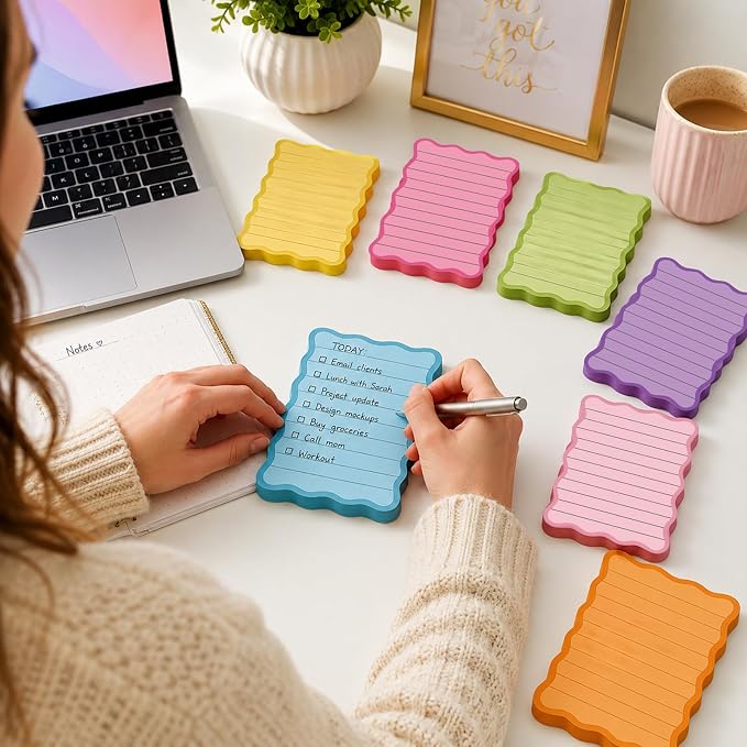 Whaline 8Pcs Stripe Scalloped Sticky Notes 4 x 6 Inch Vibrant Color Striped Self Adhesive Lined Notepad Removable Memo Pad for Classroom Office Home School Party Supplies