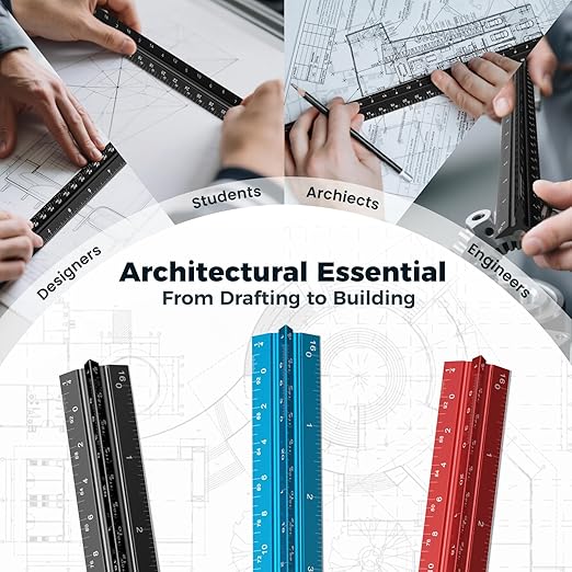 Rena Chris 2PCS Architectural Scale Ruler: 12" Imperial Aluminum Alloy Metal Architecture Measuring Tools, Engineering Drafting Construction Drawing Blueprints Triangular Architect Scaling Rulers
