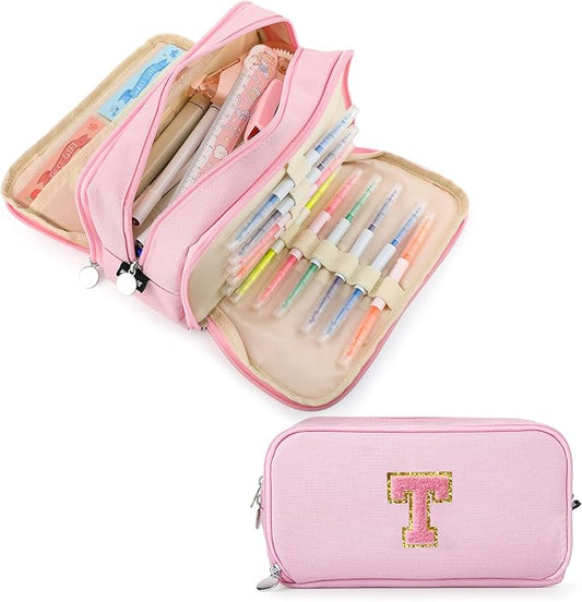 Extra Large Capacity Pencil Case 3 Compartment Initial Pencil Pouch Personalized Cute Aesthetic Stationery Pen Case Bag for School Teen Girl Boy Men Women Gift (T, Pink)