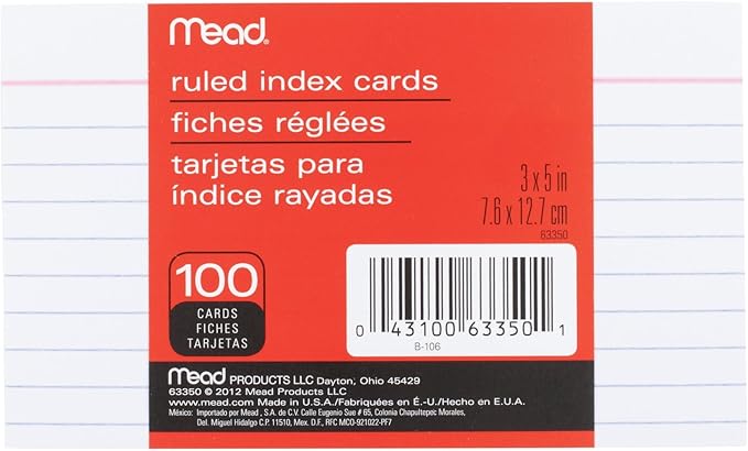 Mead Lined Index Cards, Note Cards, Ruled, 100 Count, 3" x 5", White (63350)