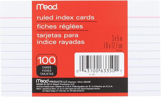 Mead Lined Index Cards, Note Cards, Ruled, 100 Count, 3" x 5", White (63350)