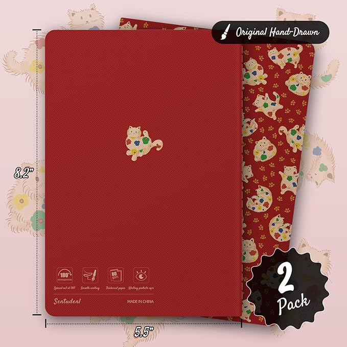 Stitched Composition Notebooks 2-Pack with Unique Art Designed Cover, A5 Lined Diary (8.2"L*5.5"W), Lay Flat Design, Thicked Paper Writes Smoothly for School and Office (Lucky Cat)