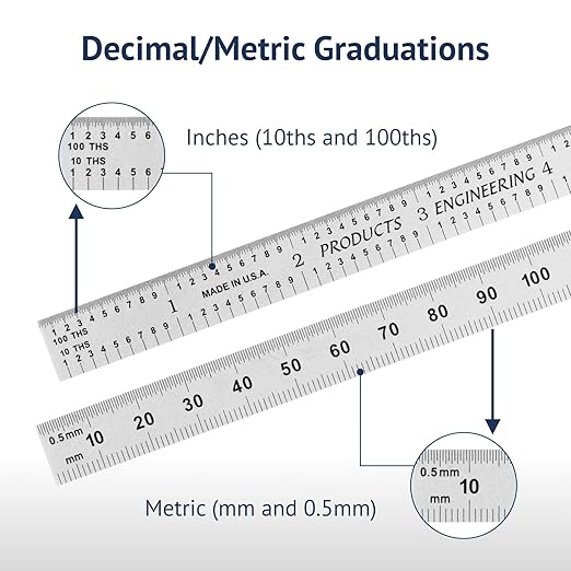 PEC Tools 12"/300mm Flexible Metal Ruler, High-Quality Steel Machinist Rule with Satin Chrome Finish, Decimal/Metric Graduation (1/10", 1/100", 1mm, 0.5mm), Trusted by Professionals, Made in USA