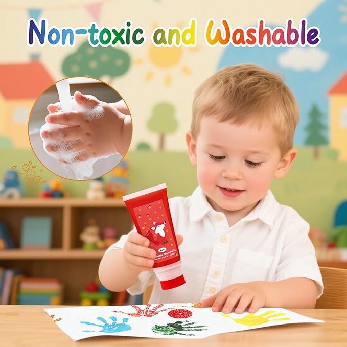 Washable Finger Paint with a Sponge Head, 12 Colors (1.69fl oz/Tube) Non-Toxic, Toddler Painting Set for Kids Boys Girls Gifts, Hand-Painted DIY, Ages 1-3 4 5 6+