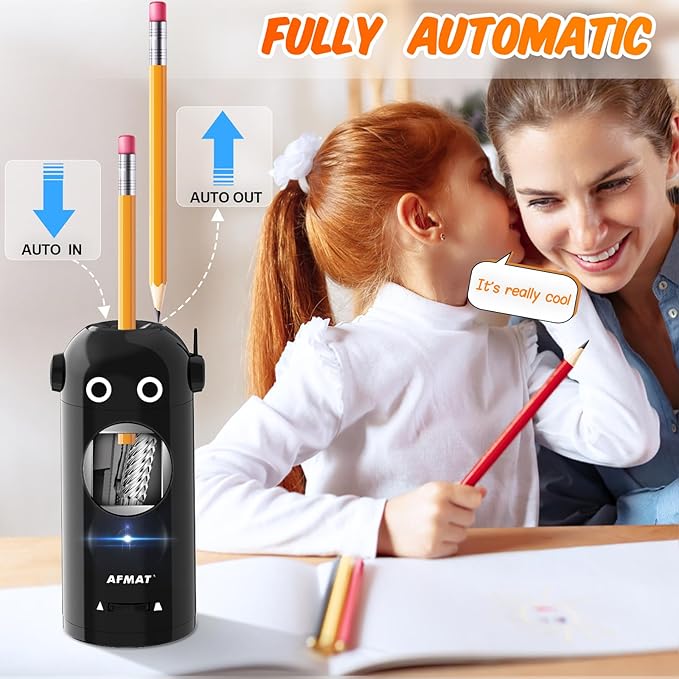 AFMAT Electric Pencil Sharpener for Colored Pencils 7-11.5mm, Fully Automatic Robot Pencil Sharpener, Auto in & Out, Rechargeable Hands-Free for Classroom/Home/Office, Battery Operated, PSX5RB, Black