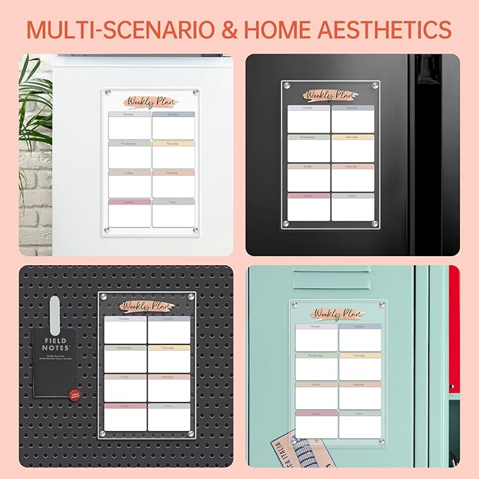 Magnetic Acrylic Weekly Dry-Erase Board -8x12 Inch Fridge Calendar Organizer, Color-Block Design for Clear Visual Planning, with Erasable Magnetic Markers, Ideal for Workers, Students, Home, Office