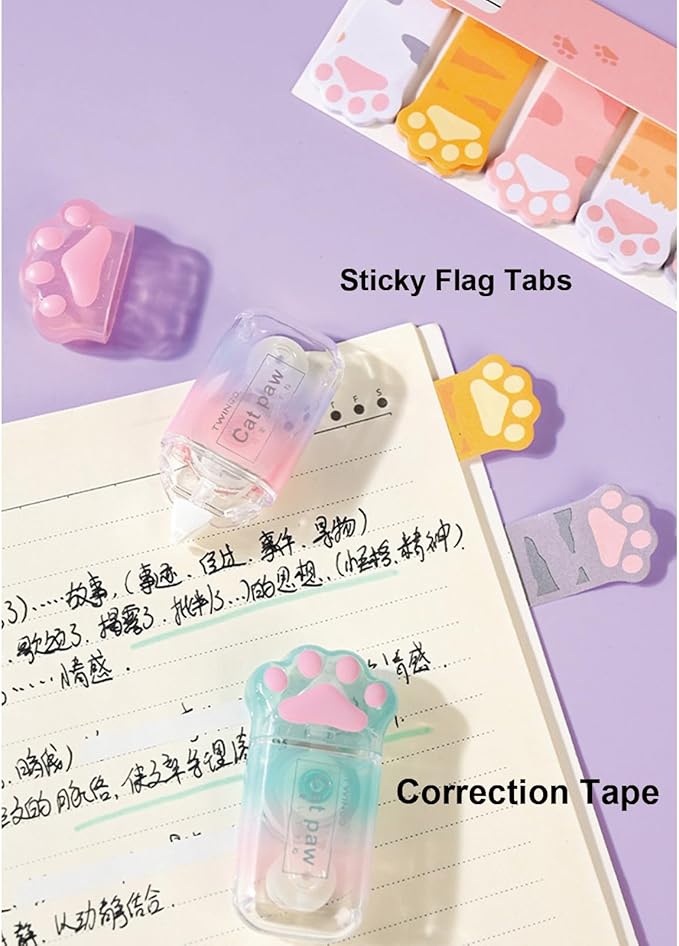 MOZXIRZ 9 Pcs Cute Green Stationery Set Cat Paw School Supplies Kawaii Office Supplies Including Pens Highlighter Pencil Sharpener Eraser Correction Tape Ruler Sticky Flag Tabs (Gradient Green)