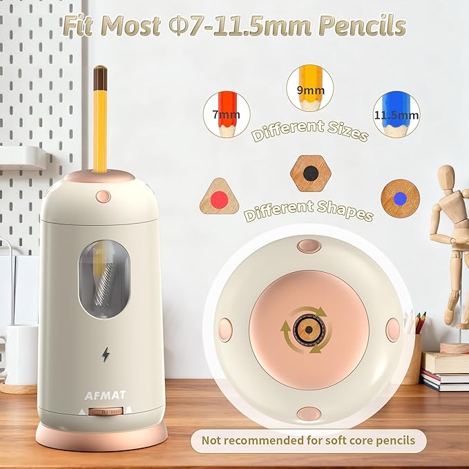 AFMAT Electric Pencil Sharpener, Auto in & Out, Fully Automatic Pencil Sharpener, Rechargeable Hands-Free Sharpeners for Jumbo & Colored Pencils (7-11.5mm), Good for Classroom/Home PSC8(Off White)