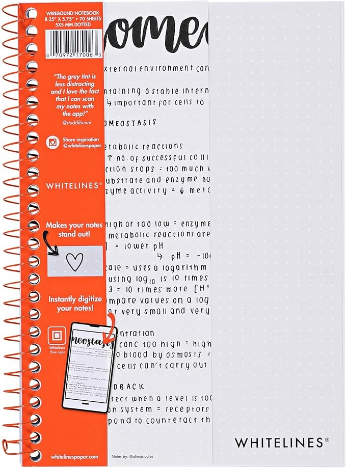 ROARING SPRING Whitelines Spiral Bound Journal, Dot Ruled, 70 Sheets, 8.25" x 5.75", FREE App to Digitally Download Your Notes