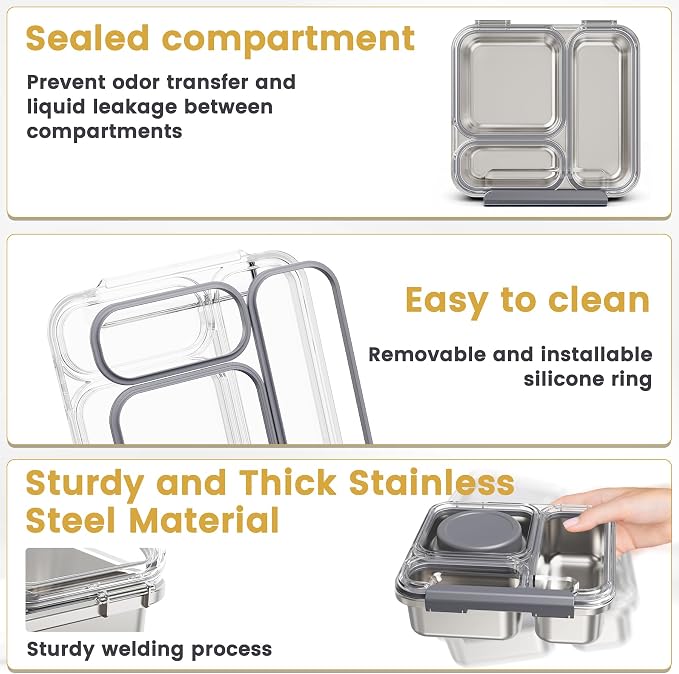 Stainless Steel Bento Box Kids Adult with 7oz Soup Thermo, Transparent Lid 3 Compartments Metal Bento Lunch Box with Insulated Food Jar,Lunch Box Container Sauce Cup for School,BPA-Free(Grey)