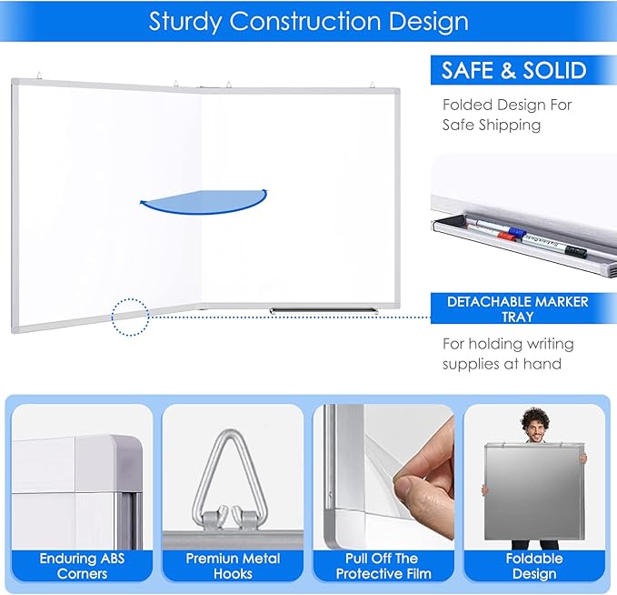 White Board Dry Erase 60 x 36，maxtek Large Magnetic Whiteboard 5' X 3' Dry Erase Board Foldable with Long Marker Tray for Wall-Mounted Aluminum Memo Board Supplies for Class Office & Home