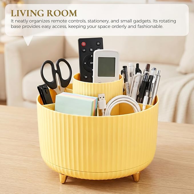 KONVINIT Pencil Pen Holder for Desk, 5 Slots 360-Degree Rotating Desktop Organizer, Cute Desk Organizers and Accessories for School, Home, Office and Art Supply, Yellow
