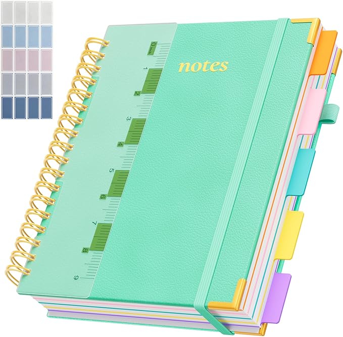 Line Hardcover Spiral Notebook with Removable Dividers Tabs & Ruler, 5 Subject Notebook College Ruled, 300 Page, Large 8"x10" B5 Notebooks for Work School, Lined Journal for Women & Men, Blue