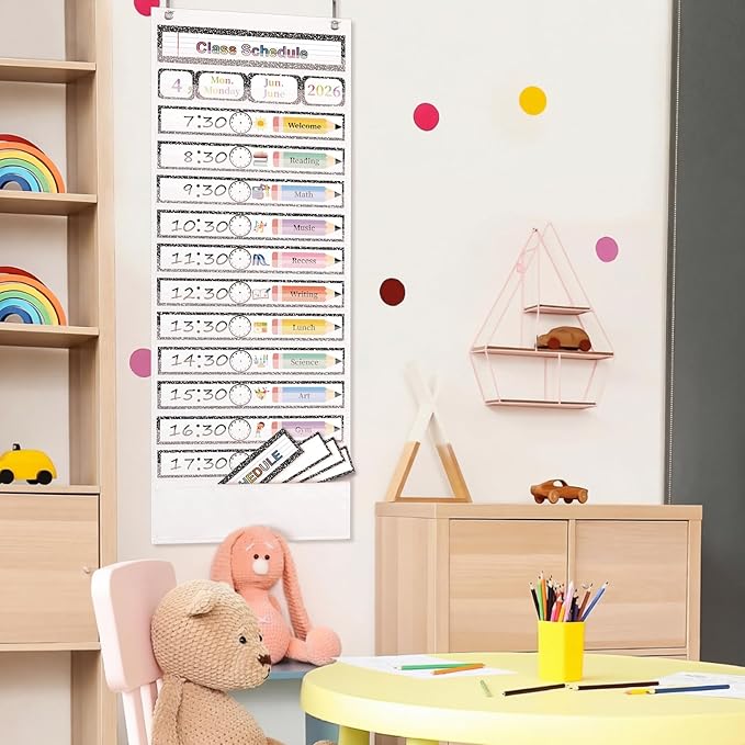Daily Schedule Pocket Chart, 13+1 Pocket, with 77 Pcs Reusable Dry Eraser Cards Calendar Schedule Chart for Toddler Classroom Office Home Preschool Activity